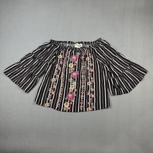 Savanna Jane Top Women Small Black Striped Embroidered Floral Off Shoulder Shirt